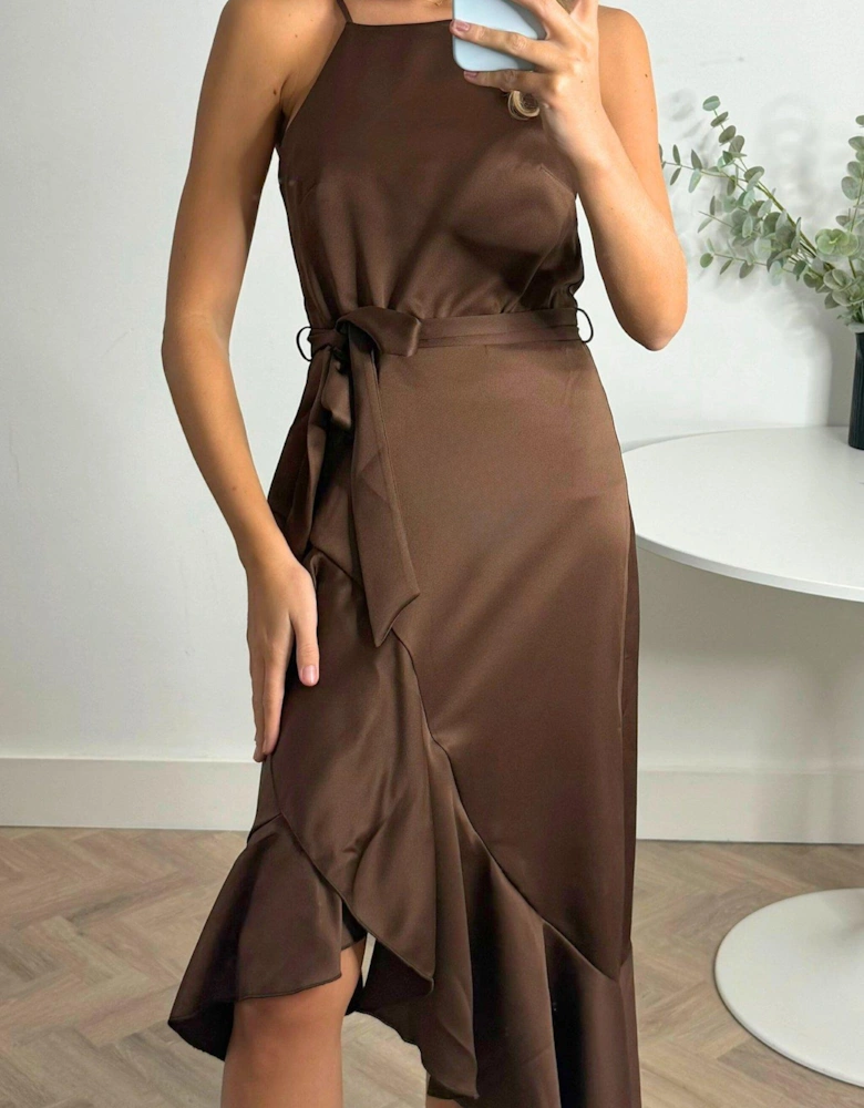 Halter Ruffle Detail Midi Dress - Brown