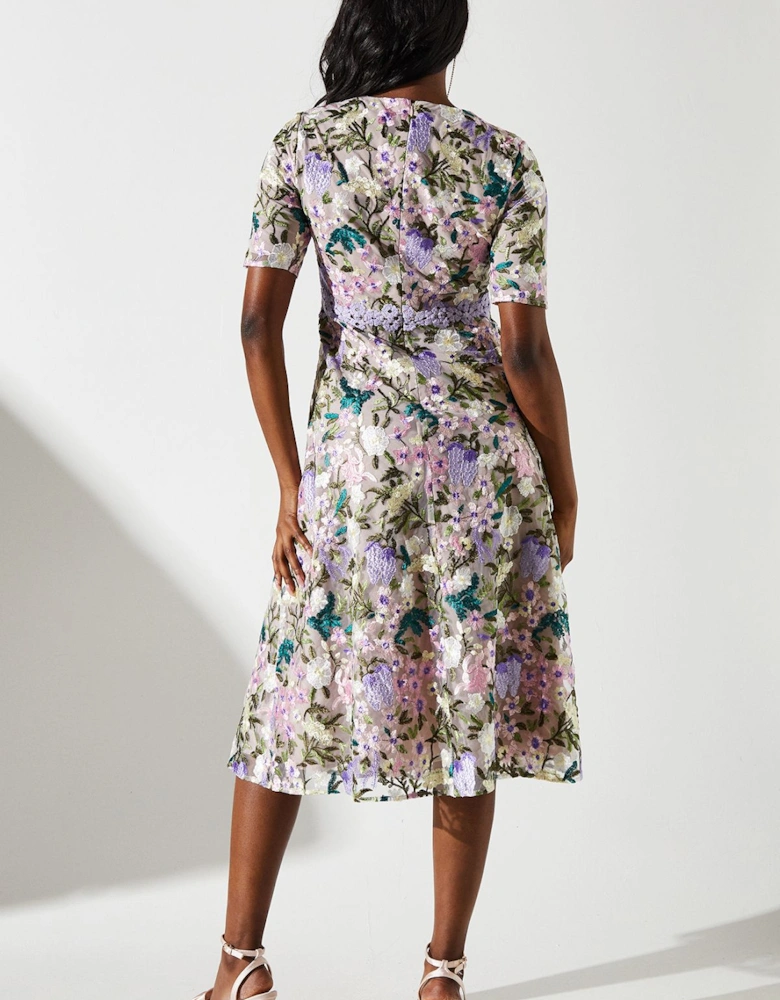 Embroidered Floral With Laid On Lace Midi Dress