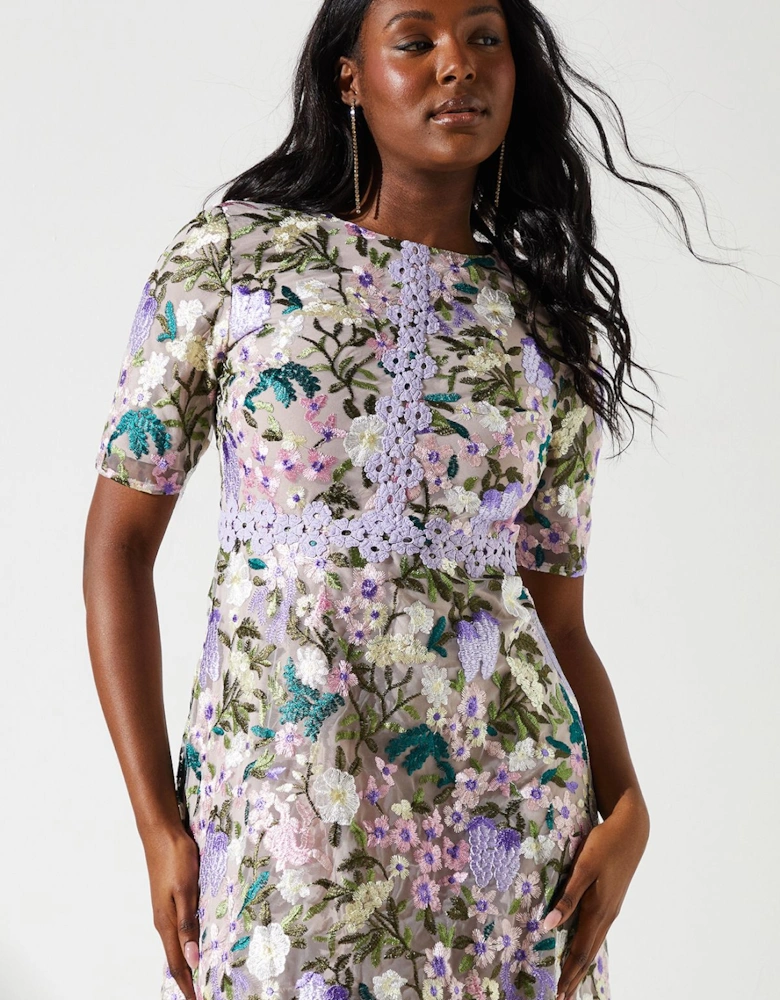 Embroidered Floral With Laid On Lace Midi Dress