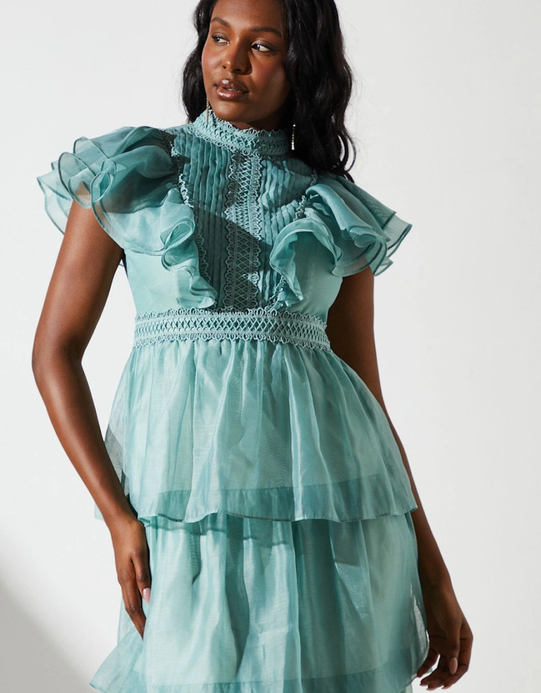 Organza Tiered Lace Trim Dress