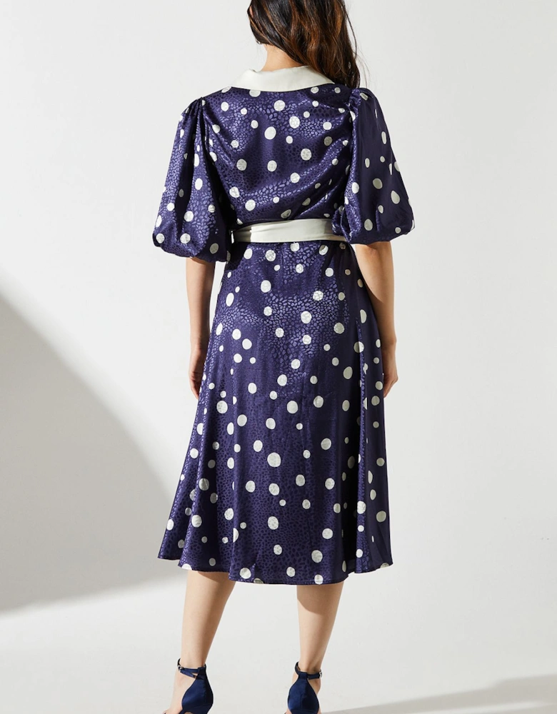 Short Sleeve Satin Polka-Dot Wrap Dress