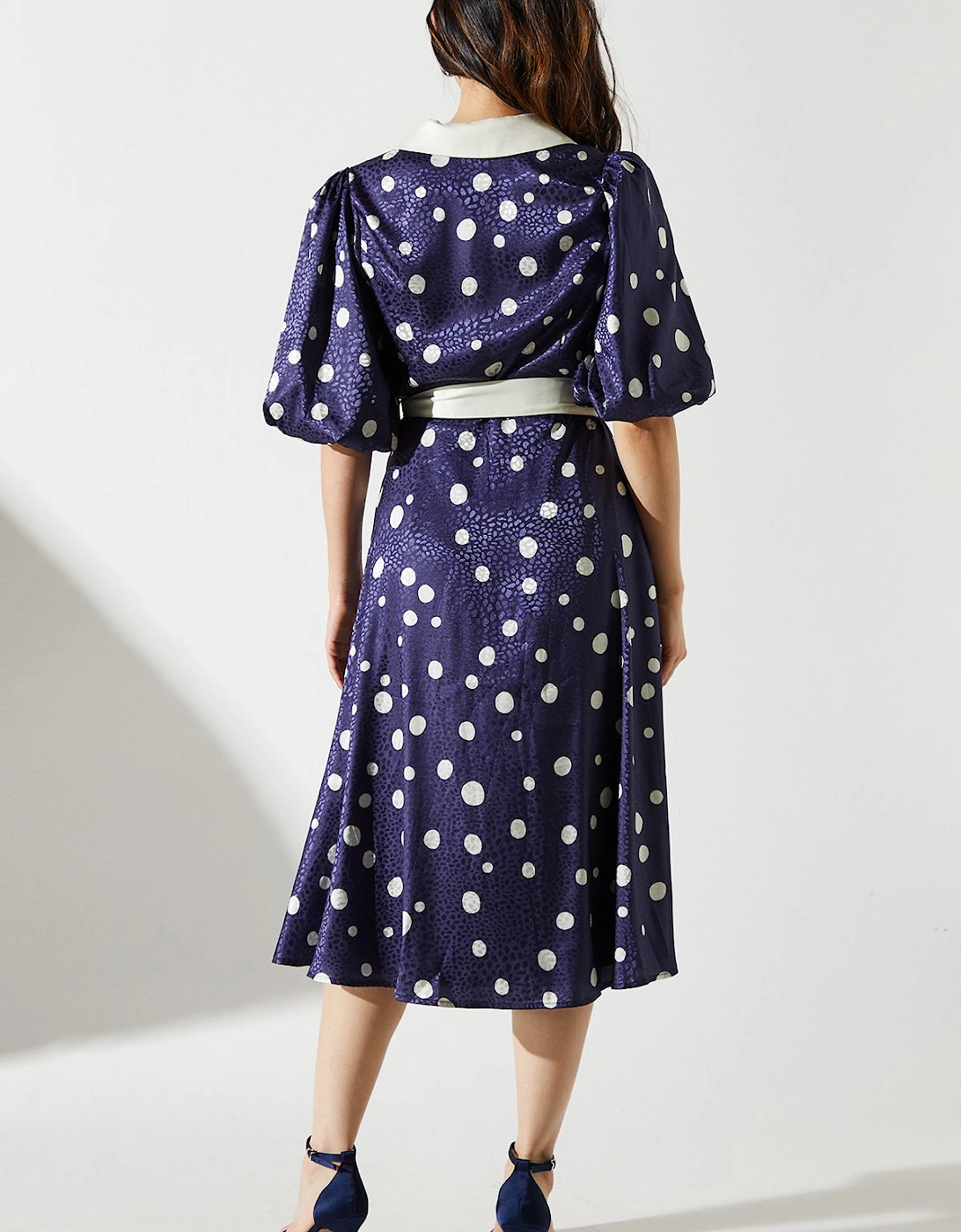 Short Sleeve Satin Polka-Dot Wrap Dress