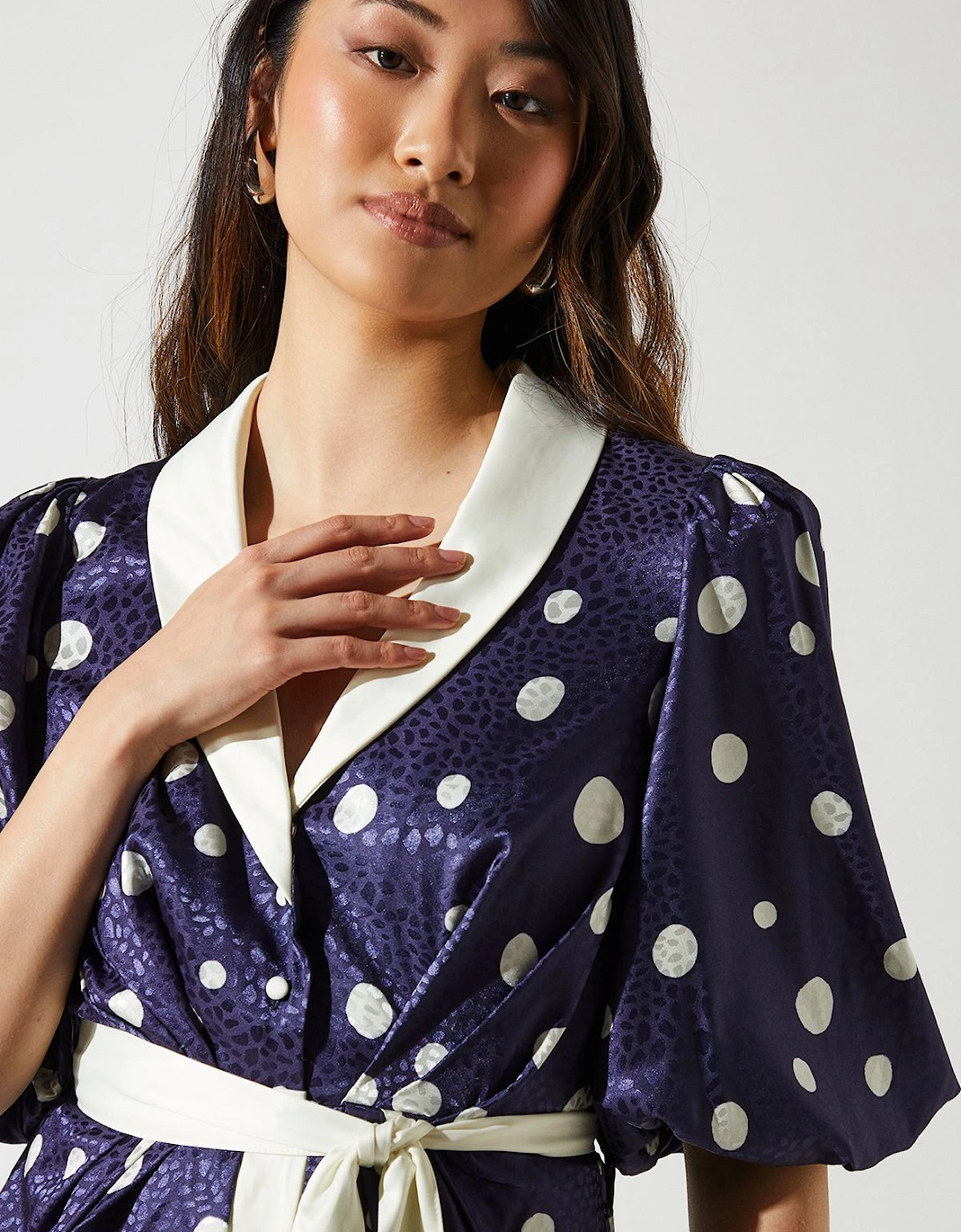 Short Sleeve Satin Polka-Dot Wrap Dress