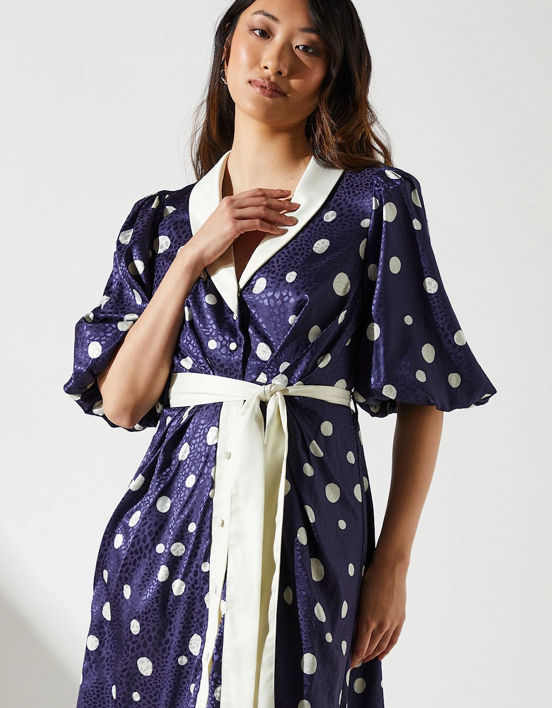 Short Sleeve Satin Polka-Dot Wrap Dress