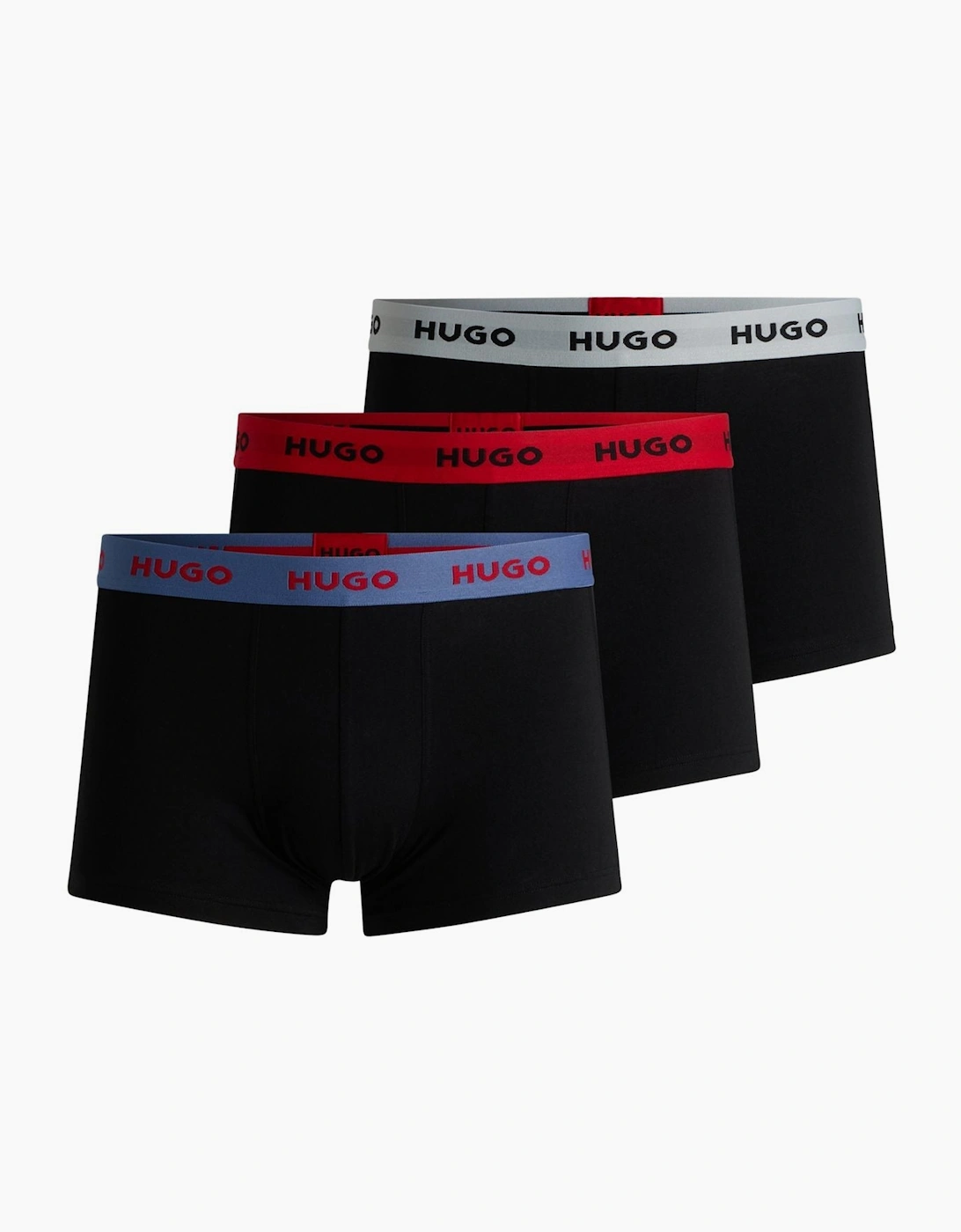 Hugo Boss Men's 3-Pack Contrast Waistband Boxer Trunks, Black w/ red/silver/blue - Size: 37/36/32