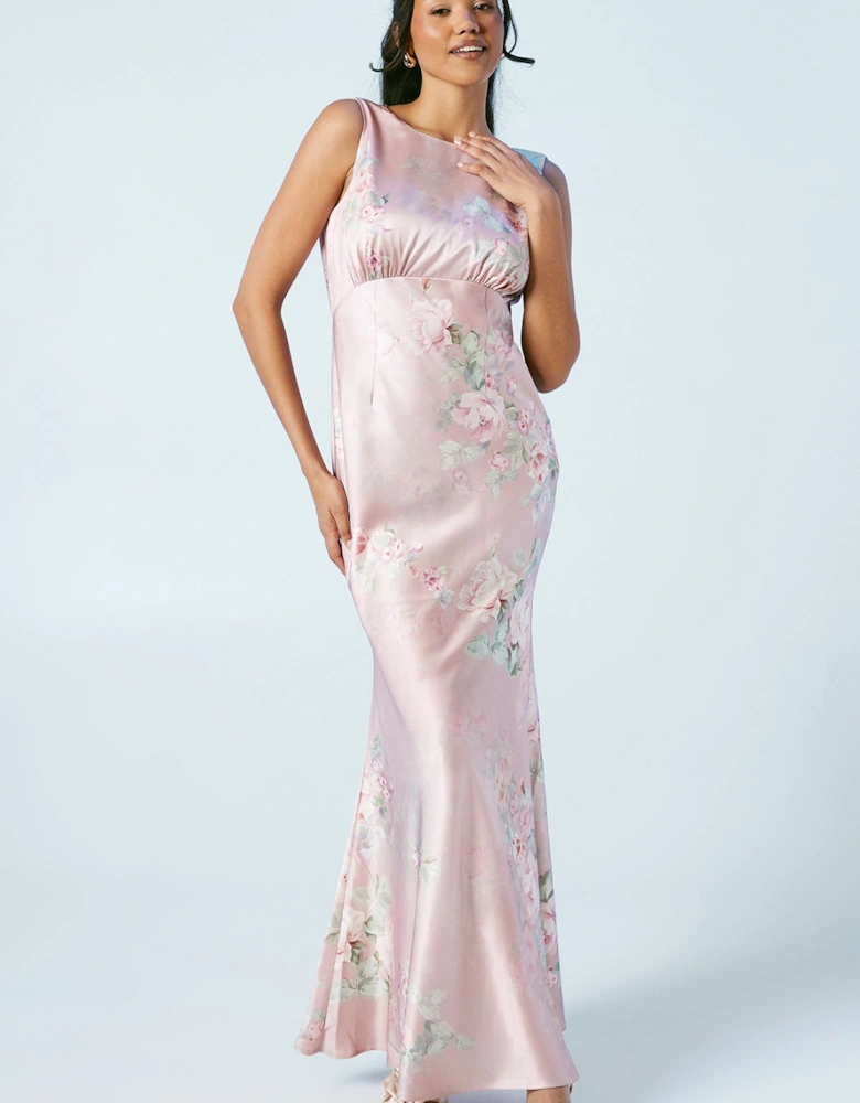 Trailing Blossom Printed Satin Cowl Back Bridesmaids Dress