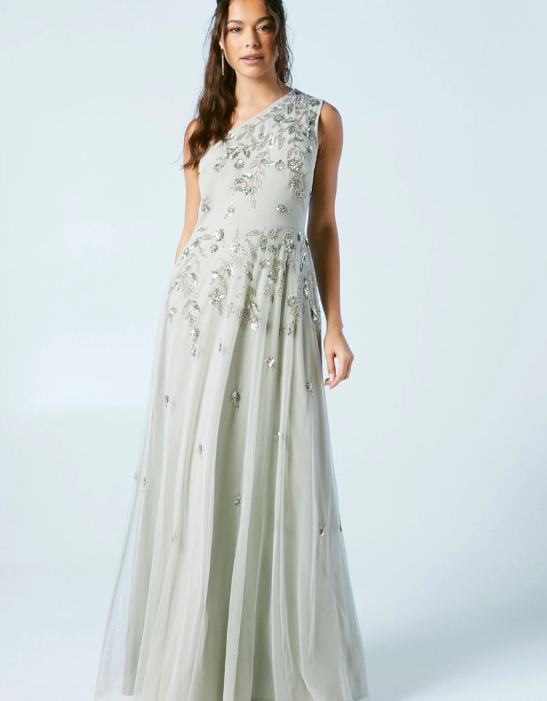 Trailing Foliage Embellished One Shoulder Bridesmaids Dress