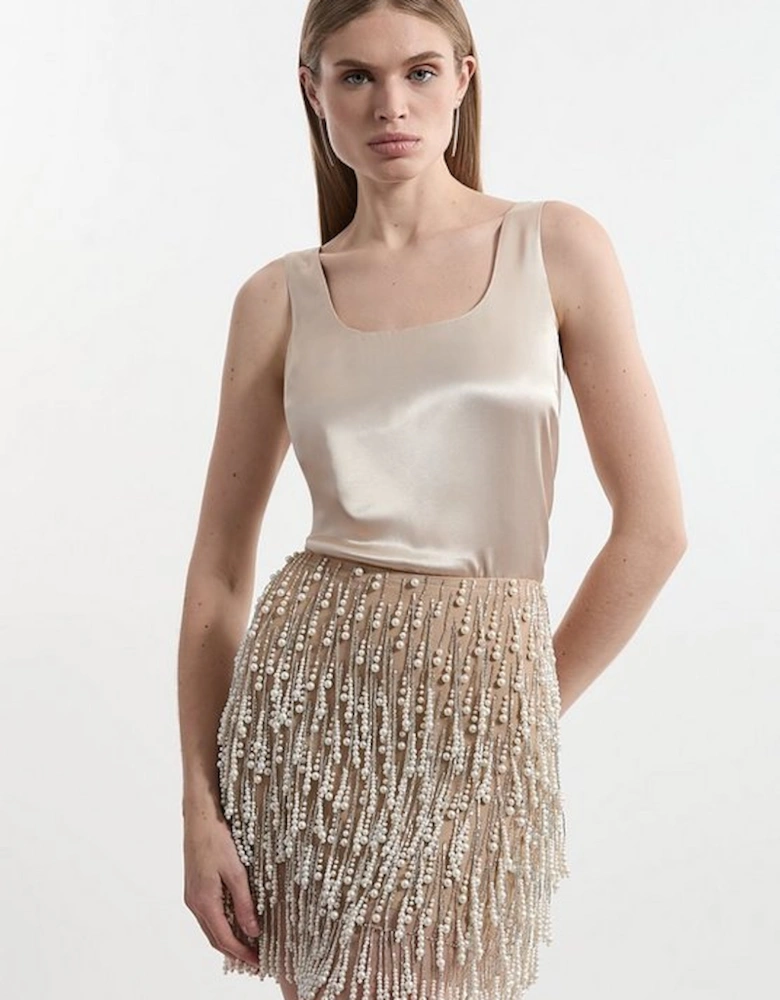 Pearl Tassel Embellished Woven Mini Skirt