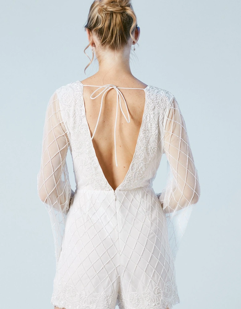 Tie Back  Scallop Edge Embellished Bridal Playsuit