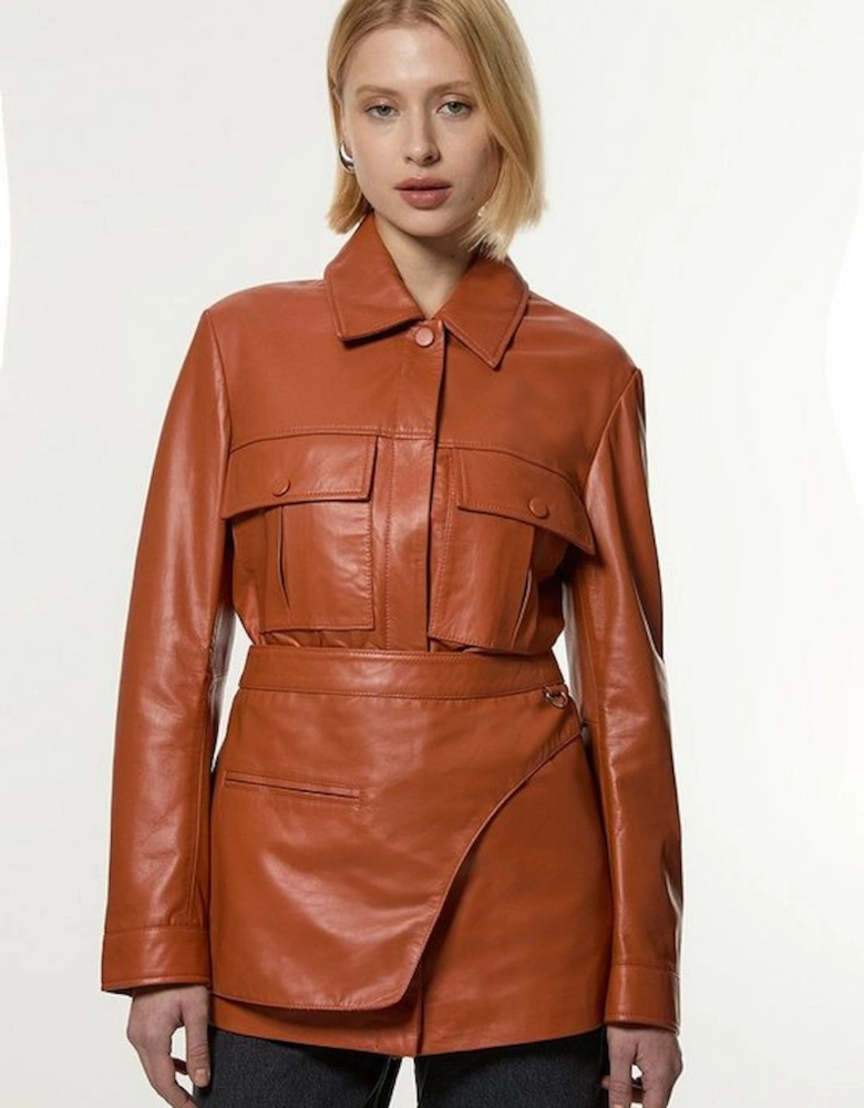 Leather Safari Jacket With Detachable Wrap Belt Detail