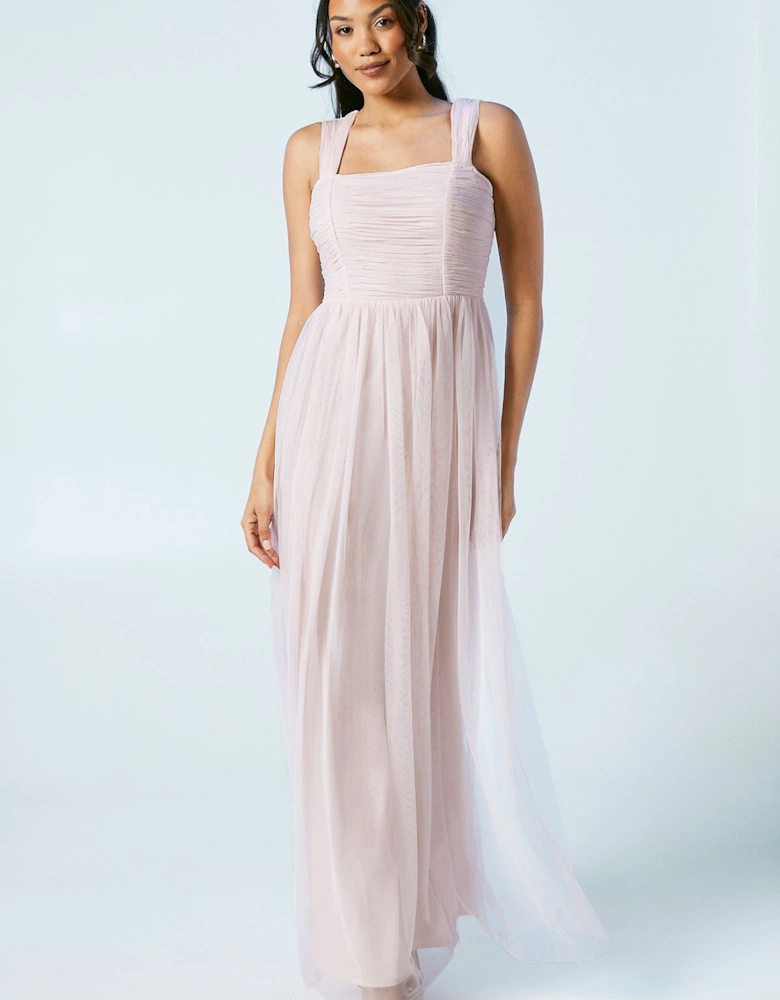 Square Neck Mesh Maxi Bridesmaid Dress