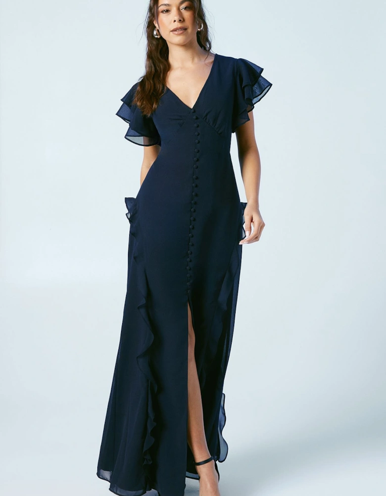 Ruffle And Button Detail Bridesmaid Maxi Dress