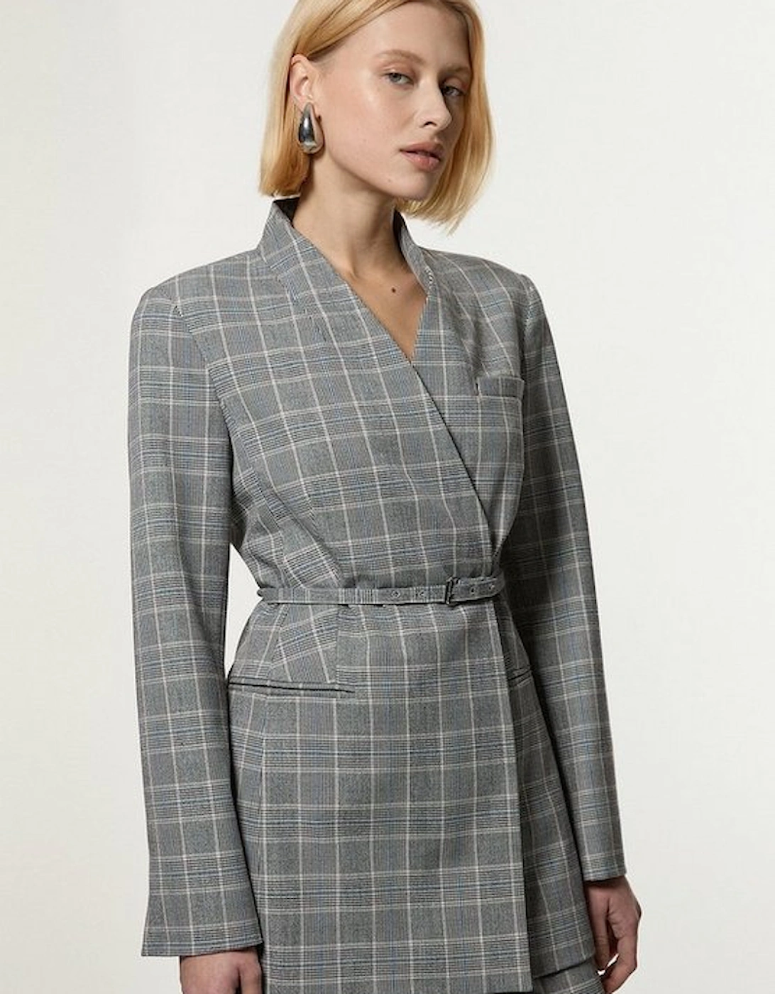 Grey Check Tailored Collarless Belted Blazer, 4 of 3