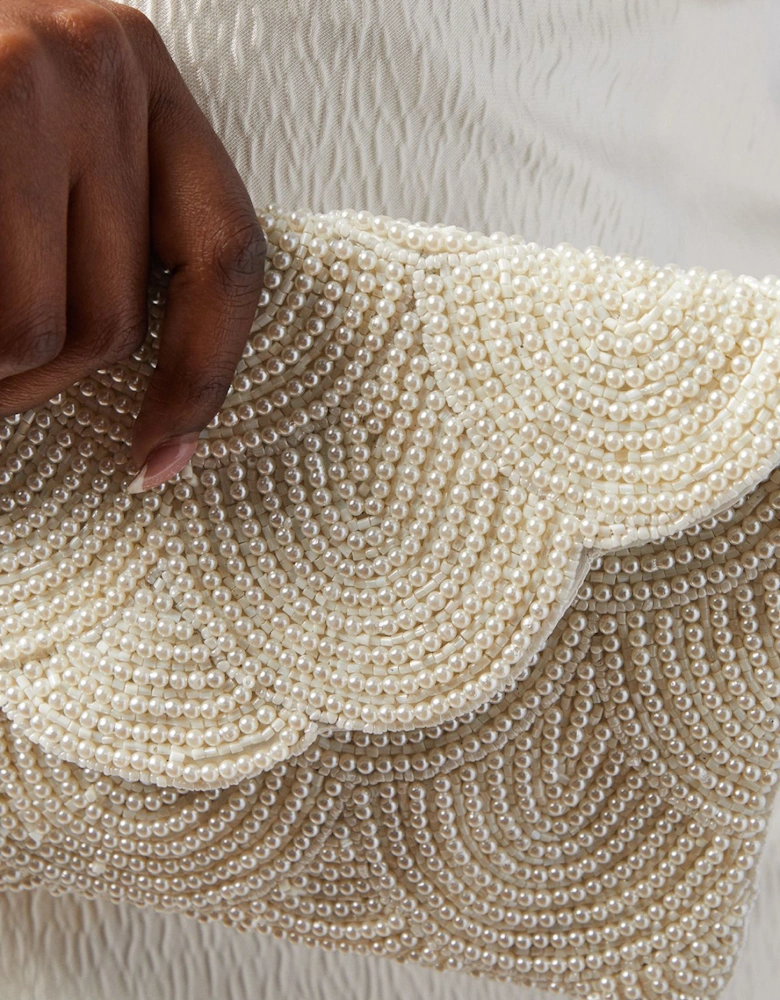 Bridal Pearl Beaded Scallop Clutch Bag With Shoulder Strap