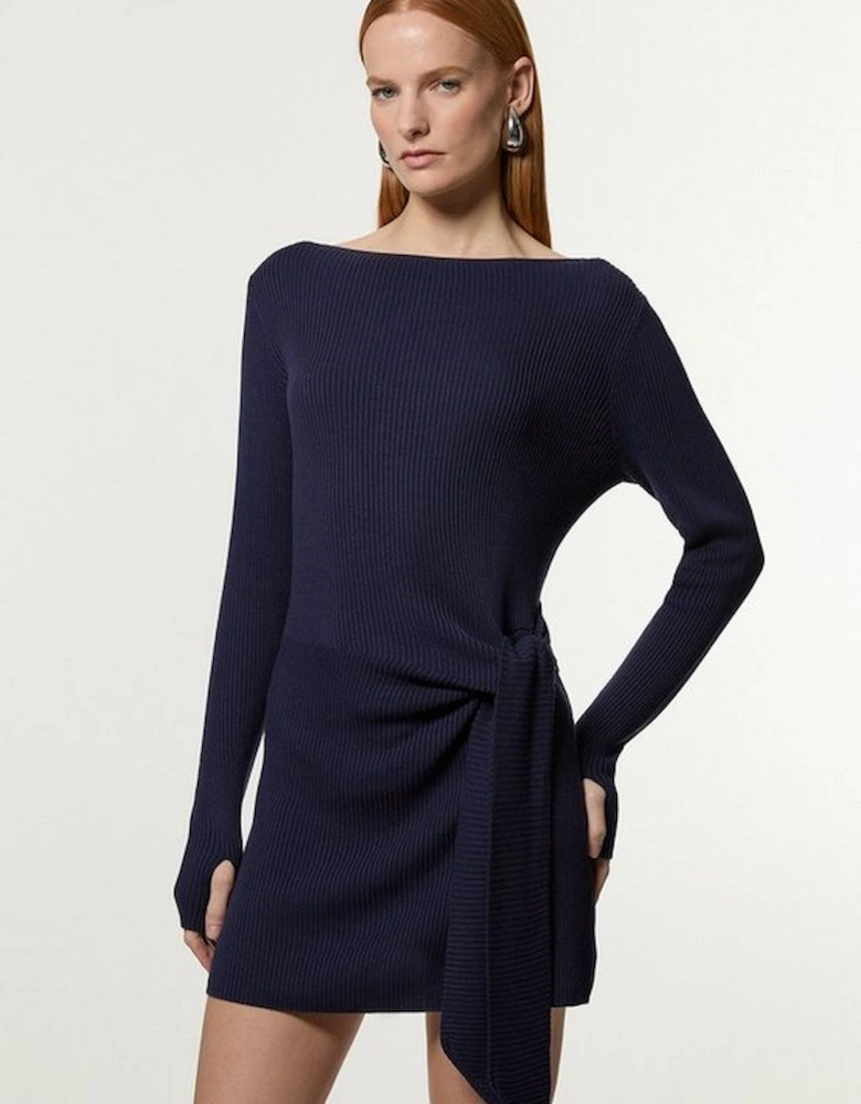 Wool Tencel Ribbed Knit Tie Detail Tunic