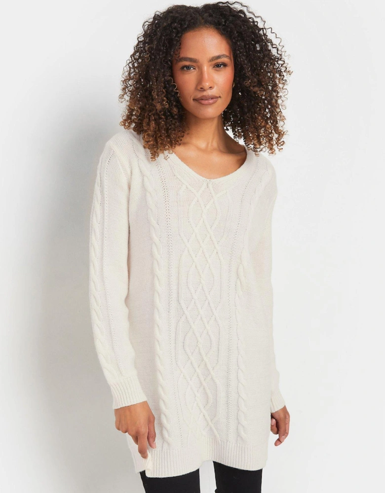 V Neck Cable Knit Tunic - Ivory