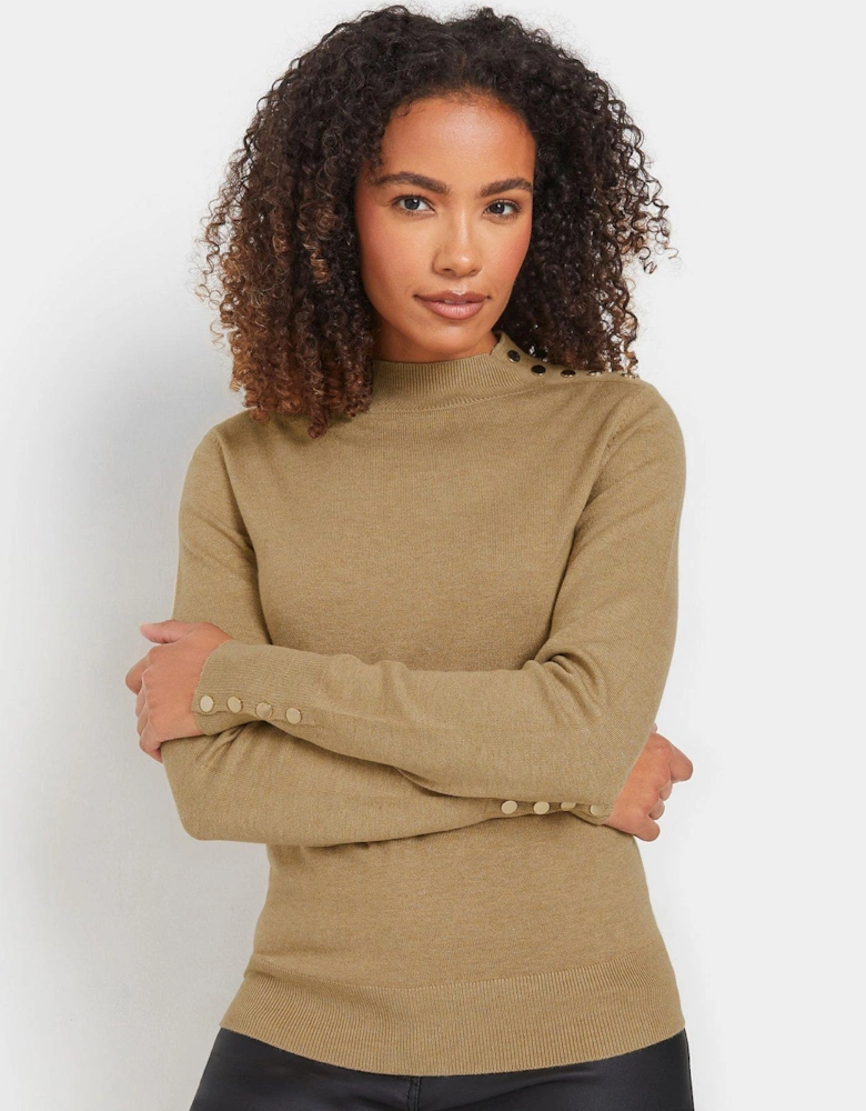 Button Detail Turtle Neck Jumper - Natural