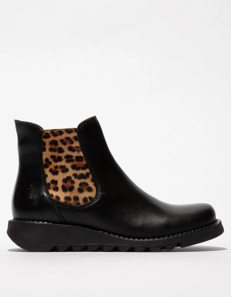 Black With Leopard Taupe Elastic Ankle Boot