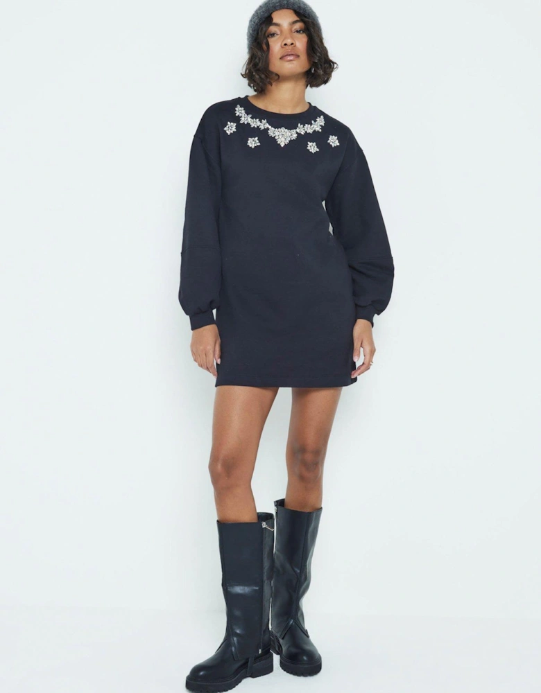 Necklace Trim Sweat Dress - Black