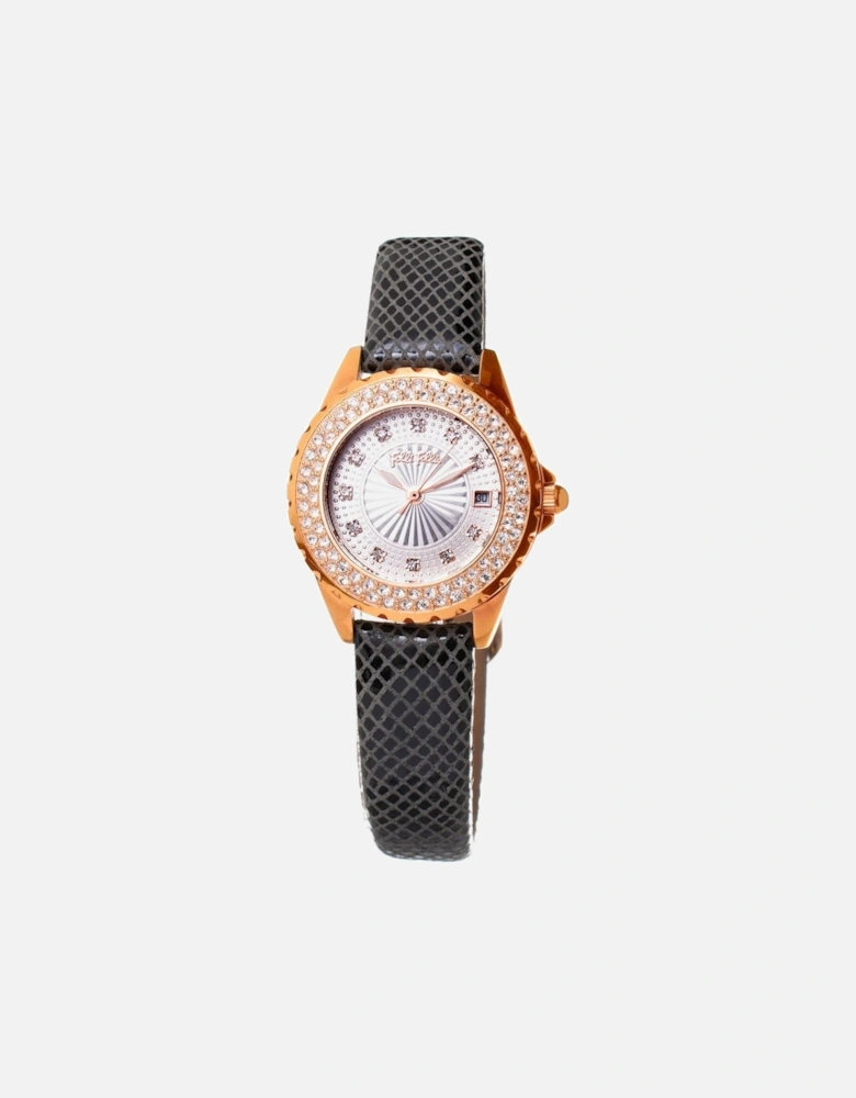 Stainless Steel Quartz Analog Watch with Leather Strap Women - Black