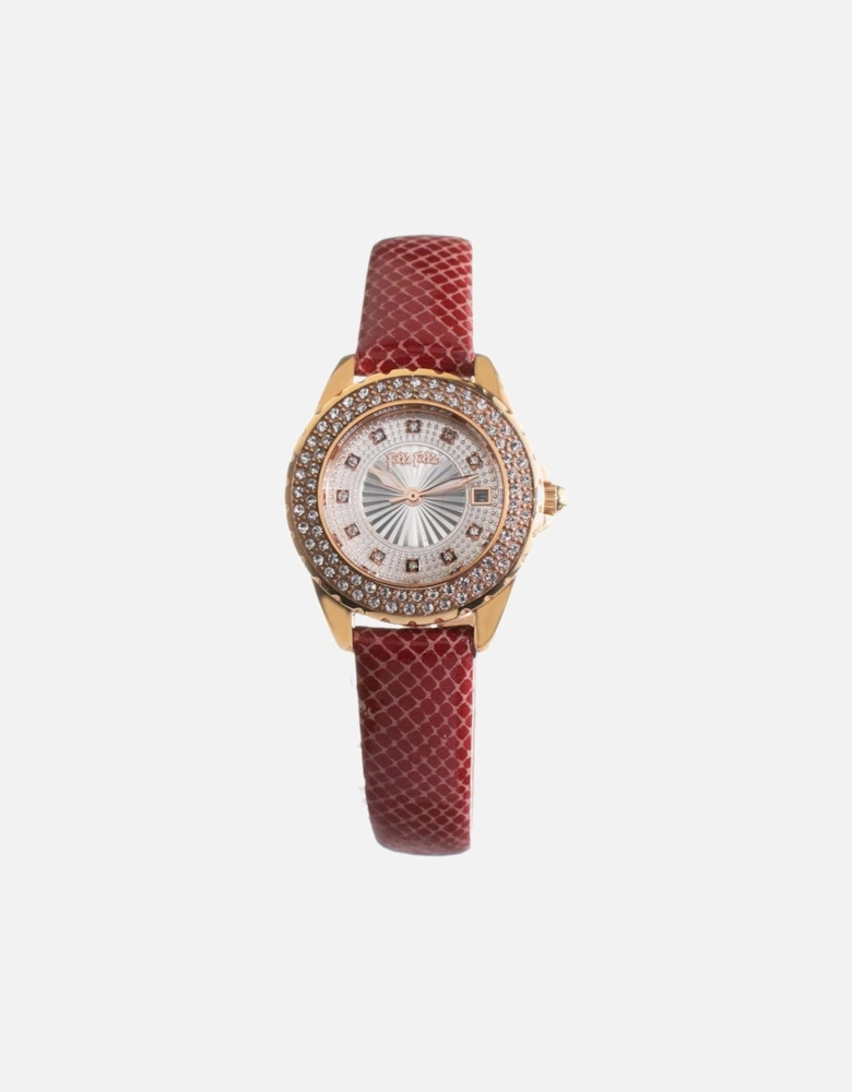 Quartz Analog Stainless Steel Case Leather Bracelet Watch Women - Red