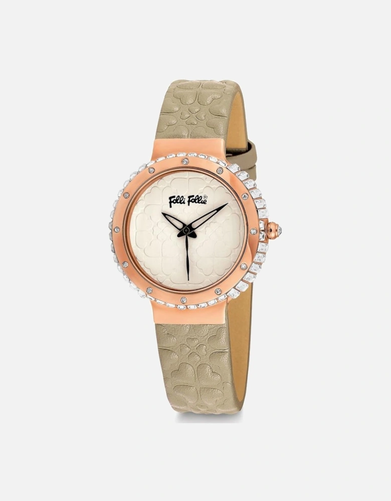 Steel Case Quartz Analog Watch with Leather Bracelet Women - Beige