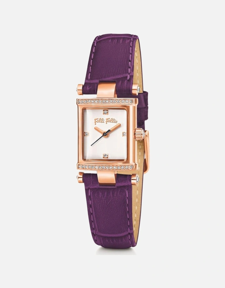 Quartz Analog Stainless Steel Case Leather Strap Watch Women - Purple