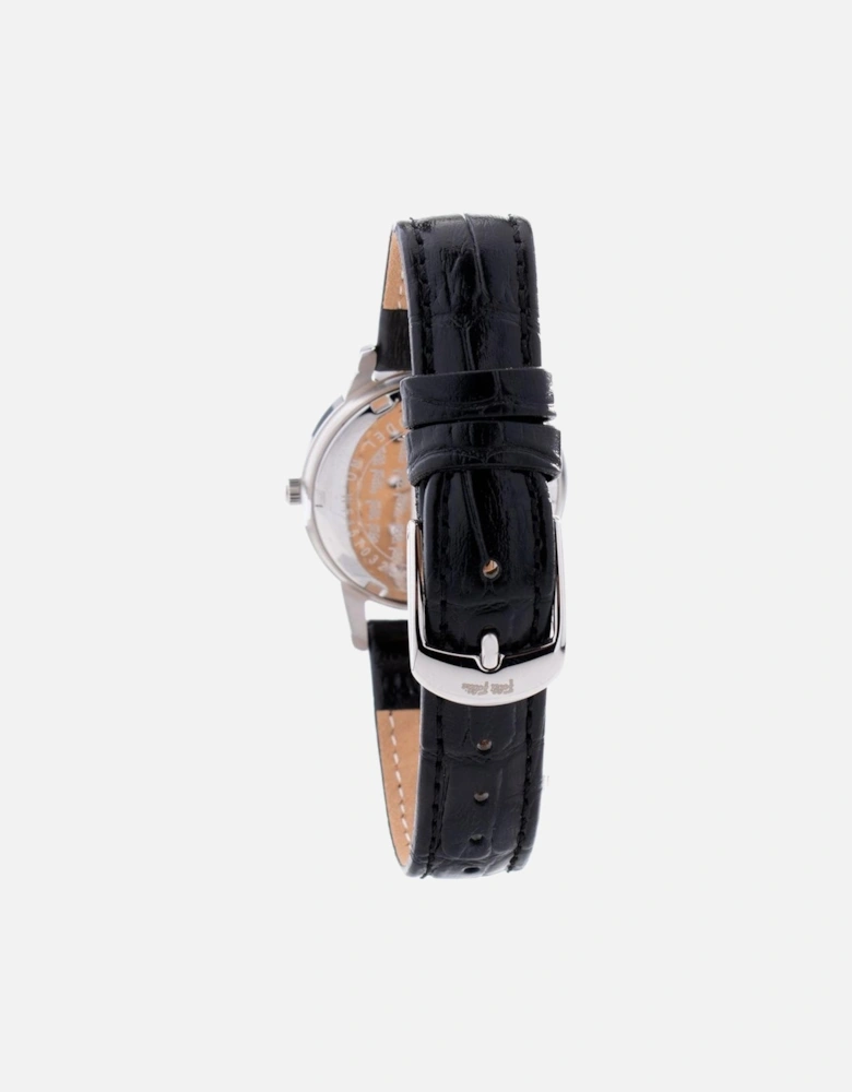Stainless Steel Quartz Analog Watch with Leather Strap Women - Black