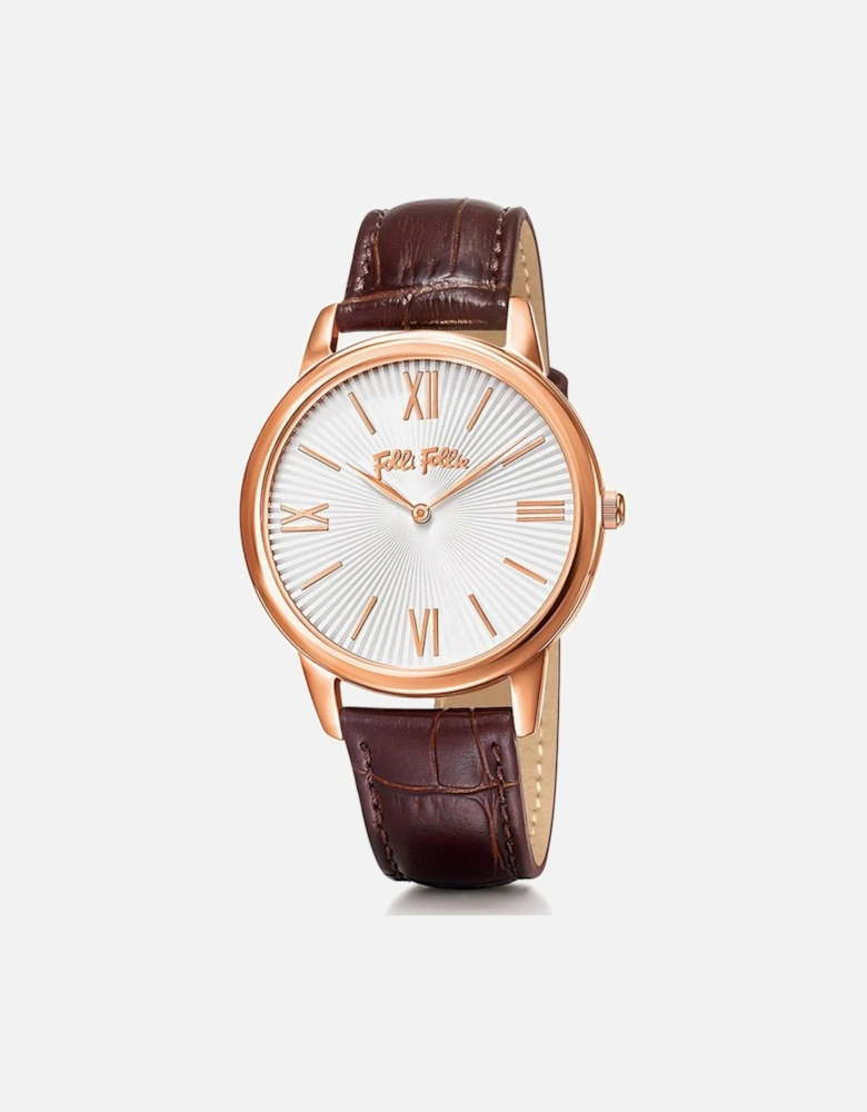 Stainless Steel Case Quartz Watch with Leather Bracelet Women - Brown