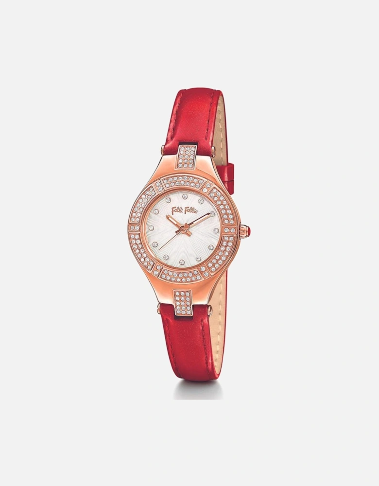 Quartz Analog Stainless Steel Watch with Leather Strap Women - Red