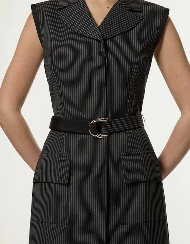 Pinstripe Tailored Grosgrain Detail Pocket Mini Dress