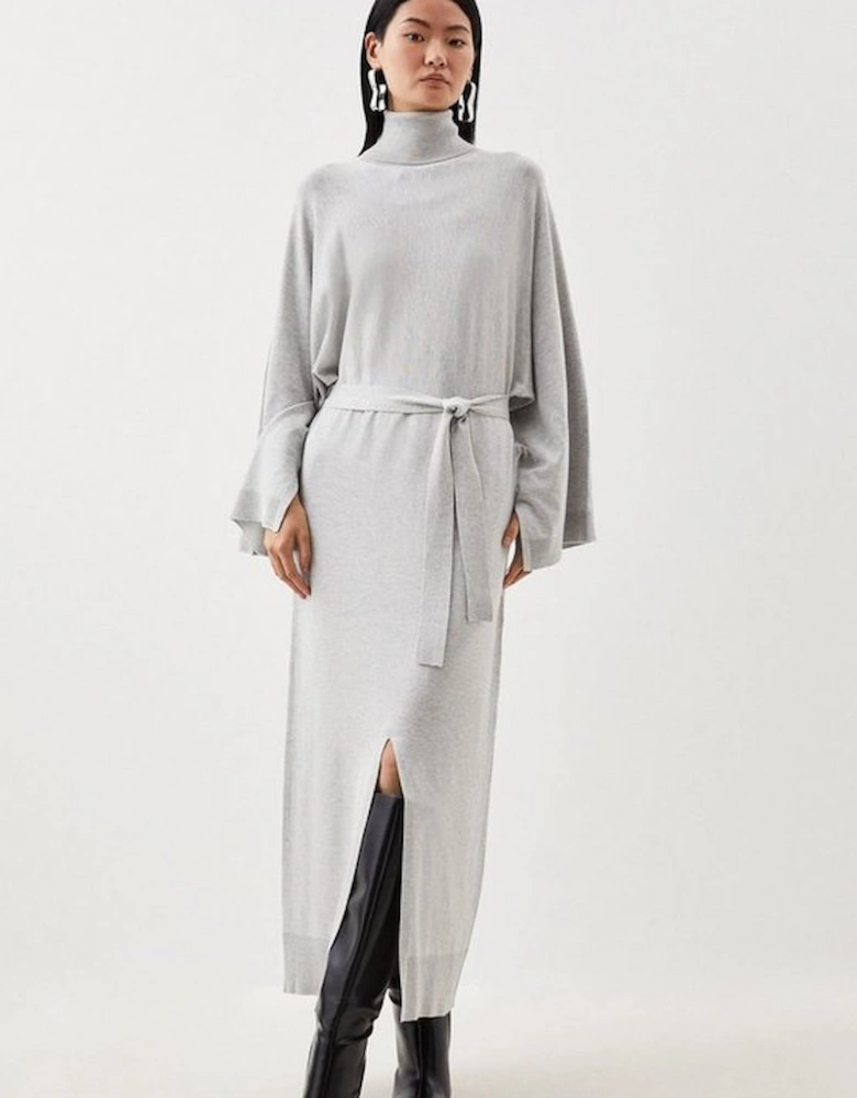 Viscose Blend Funnel Neck Belted Knitted Midi Dress