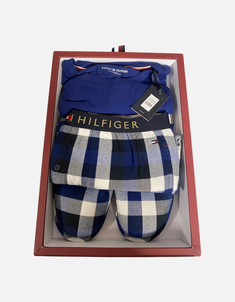 Plaid Check Jersey Pyjamas & Slippers Gift Set, Blue