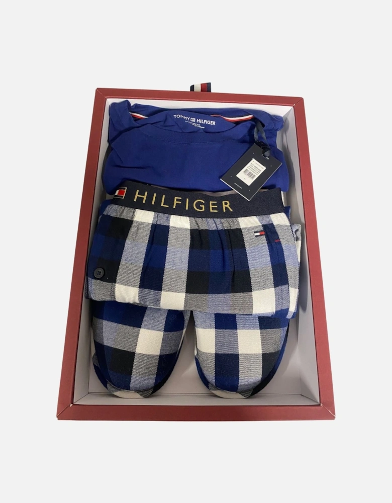 Plaid Check Jersey Pyjamas & Slippers Gift Set, Blue