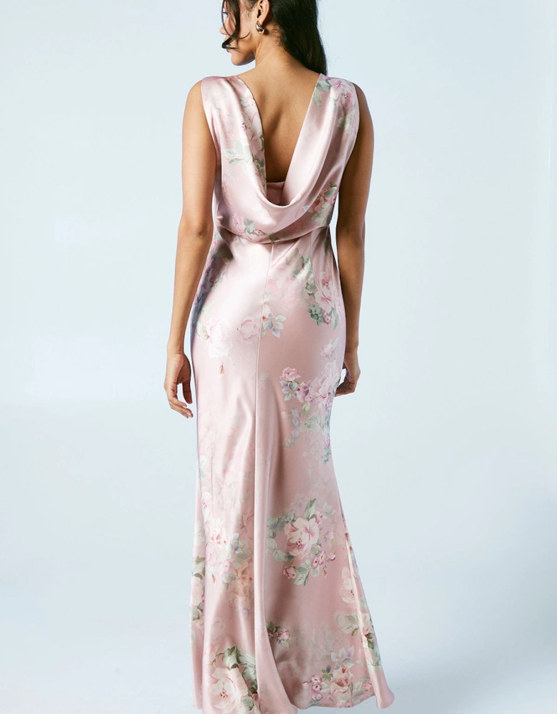 Trailing Blossom Printed Satin Cowl Back Bridesmaids Dress