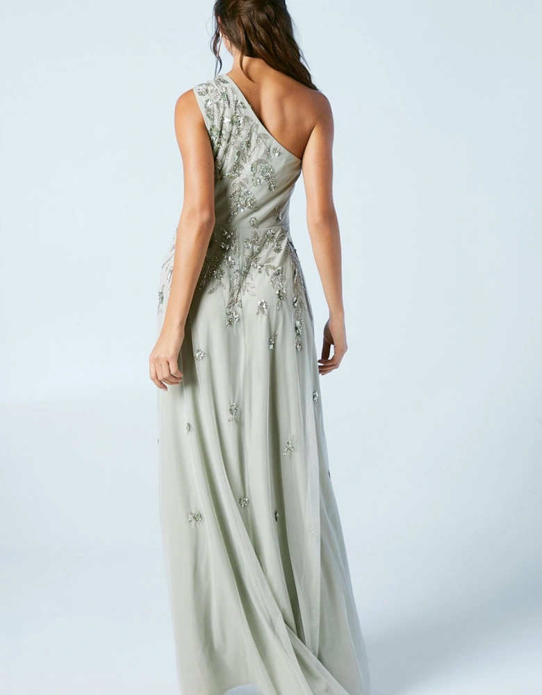 Trailing Foliage Embellished One Shoulder Bridesmaids Dress