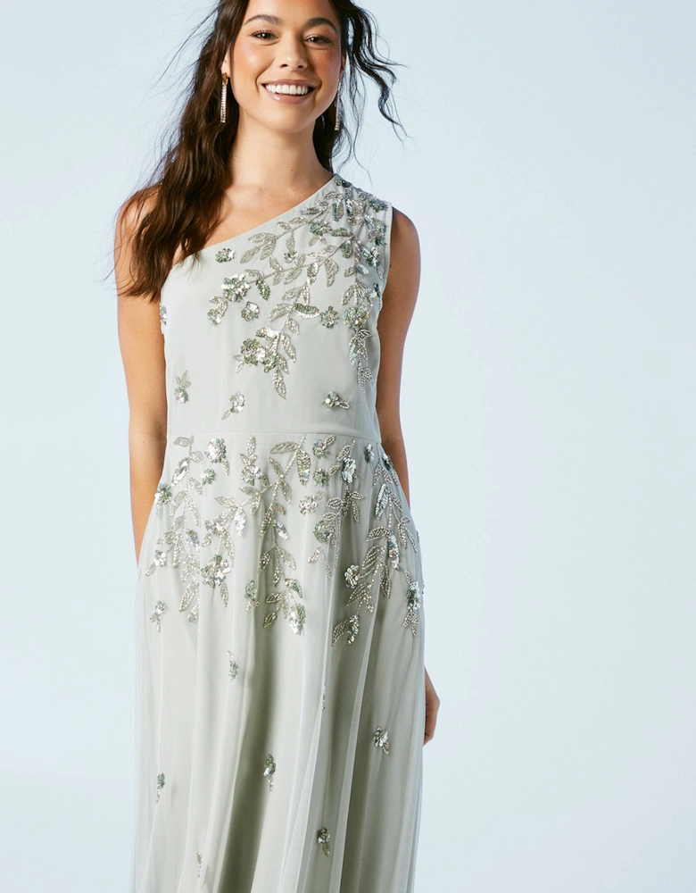 Trailing Foliage Embellished One Shoulder Bridesmaids Dress