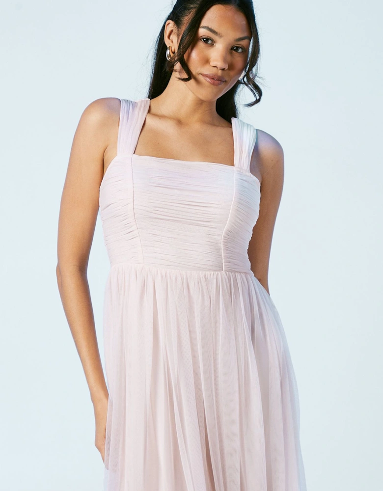 Square Neck Mesh Maxi Bridesmaid Dress