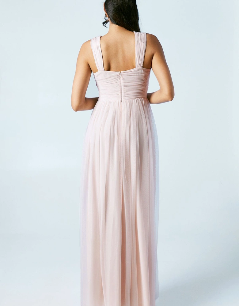 Square Neck Mesh Maxi Bridesmaid Dress