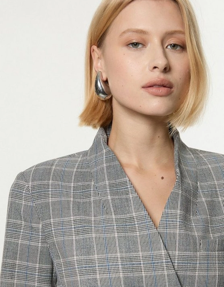 Grey Check Tailored Collarless Belted Blazer