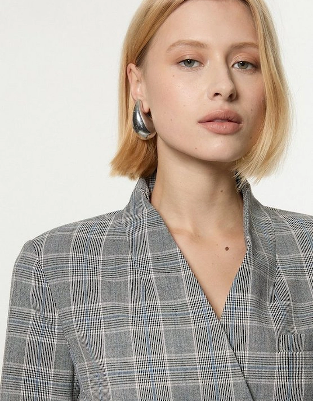 Grey Check Tailored Collarless Belted Blazer