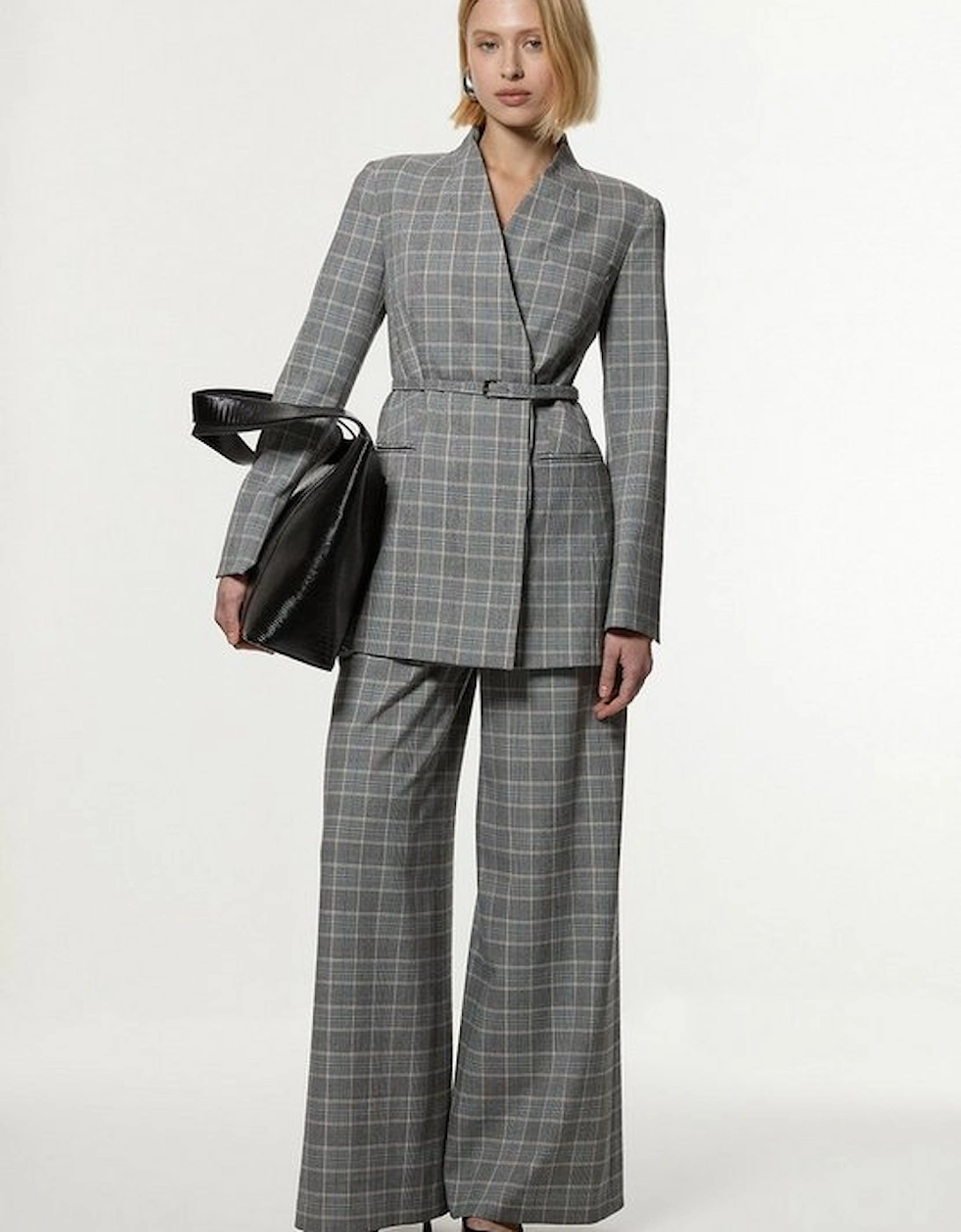 Grey Check Tailored Collarless Belted Blazer