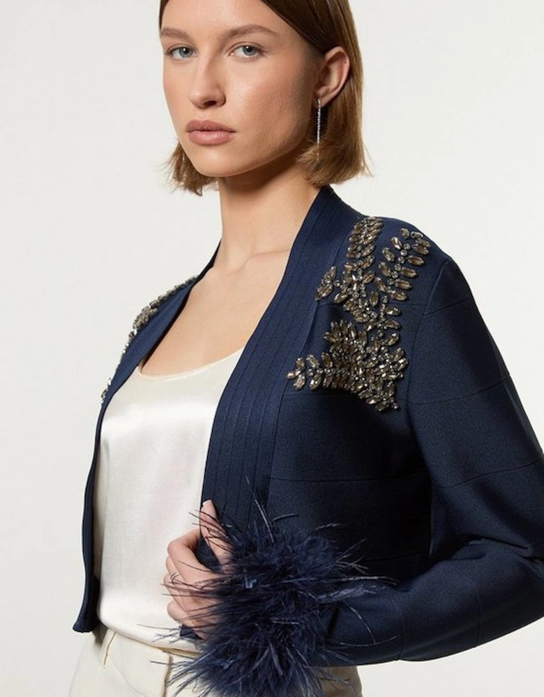 Figure Form Bandage Embellished Feather Cuff Crop Knit Jacket