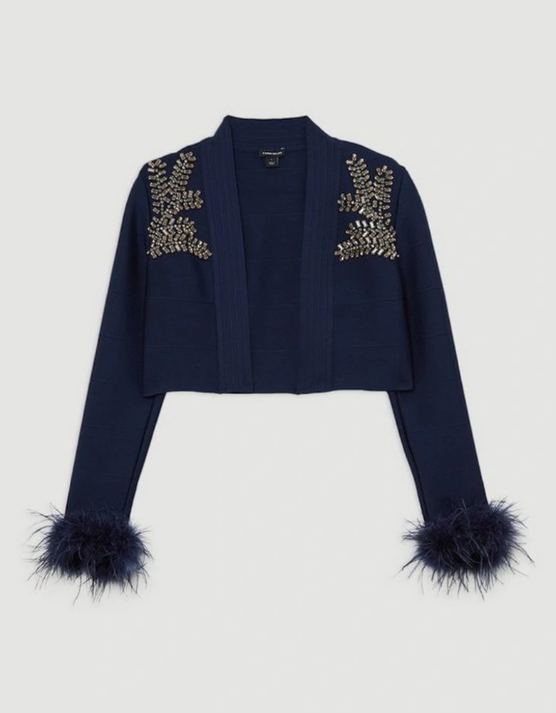 Figure Form Bandage Embellished Feather Cuff Crop Knit Jacket