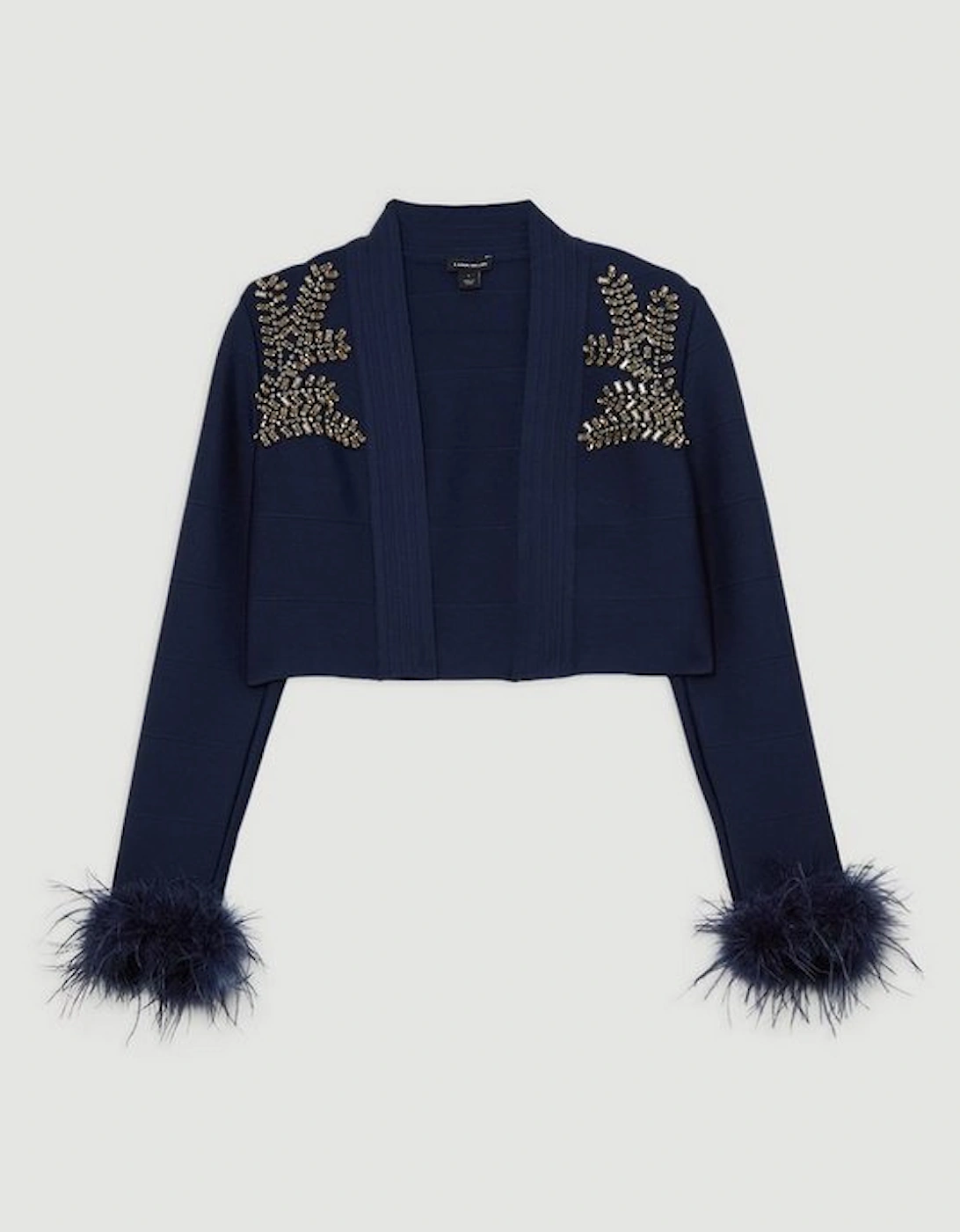 Figure Form Bandage Embellished Feather Cuff Crop Knit Jacket