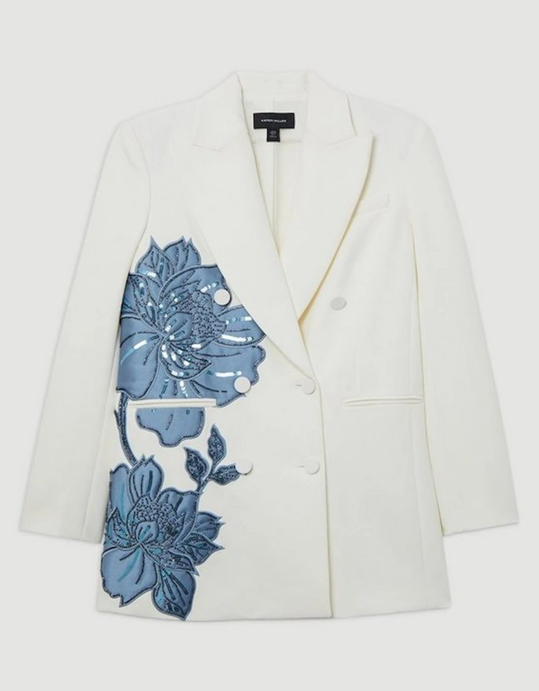 Tailored Applique Satin Beaded Tuxedo Blazer