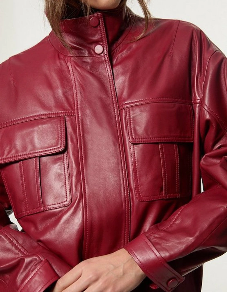 Leather Cargo Pocket Bomber Jacket