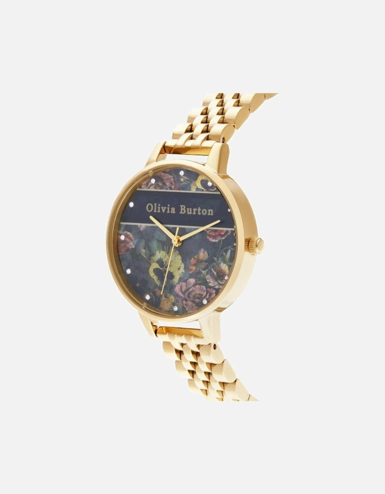 Quartz Analog Stainless Steel Watch with Floral Dial Women - Gold