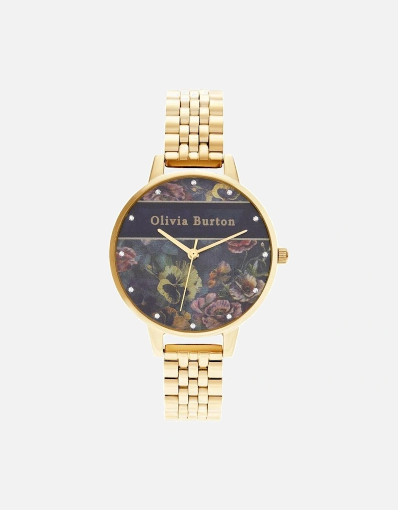 Quartz Analog Stainless Steel Watch with Floral Dial Women - Gold