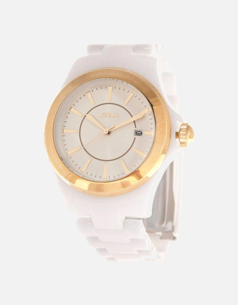 Quartz Analogue Plastic Case Watch with Golden Dial Women - White